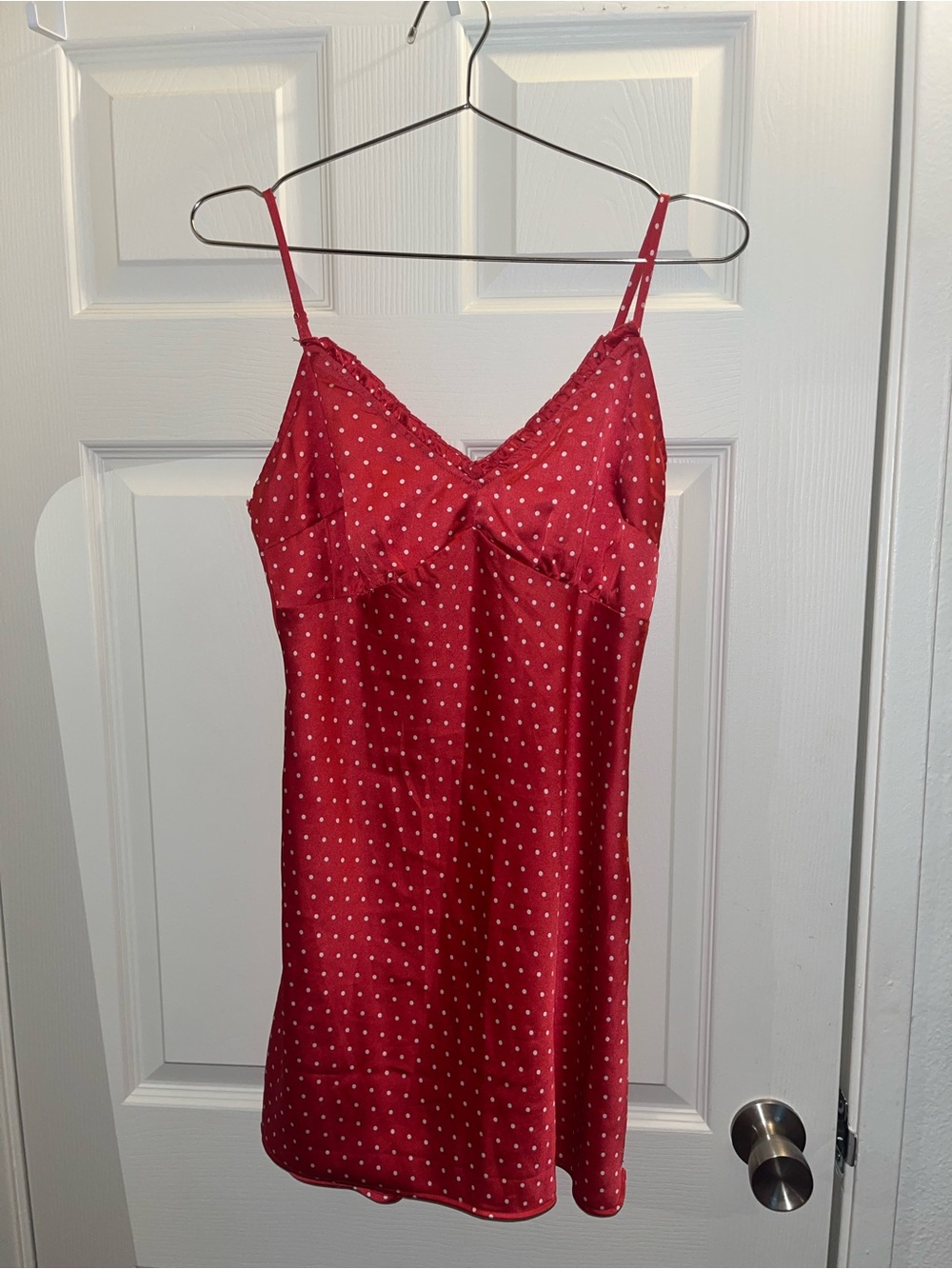 Red Polka Dot Satin Slip Chemise with Adjustable Straps